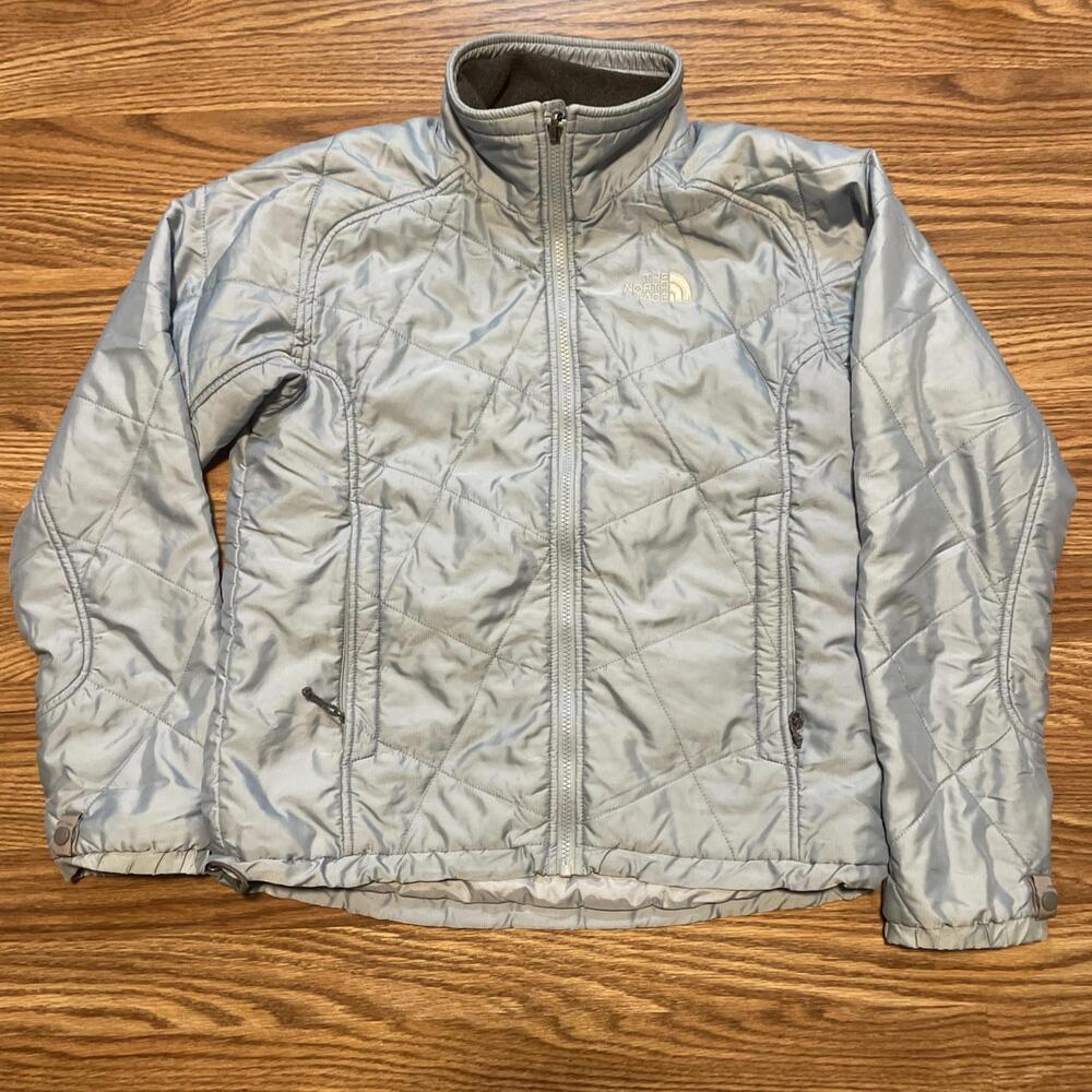 The North Face M Light Blue Quilted Jacket Full Zip Pockets Woman Medium Hiking